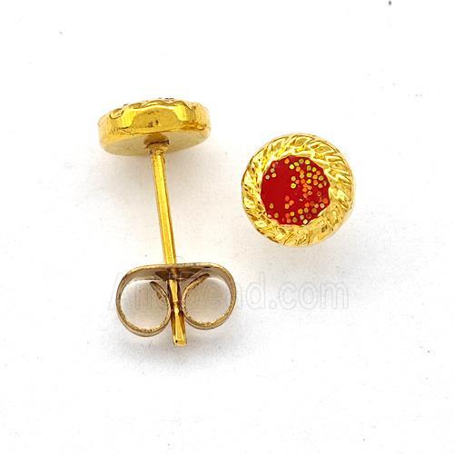 Stainless Steel Stud Earring Pave Red Fire Opal Gold Plated