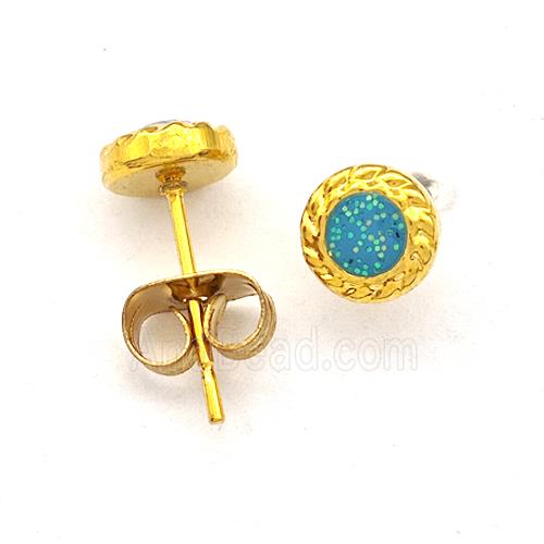 Stainless Steel Stud Earring Aqua Pave Fire Opal Gold Plated