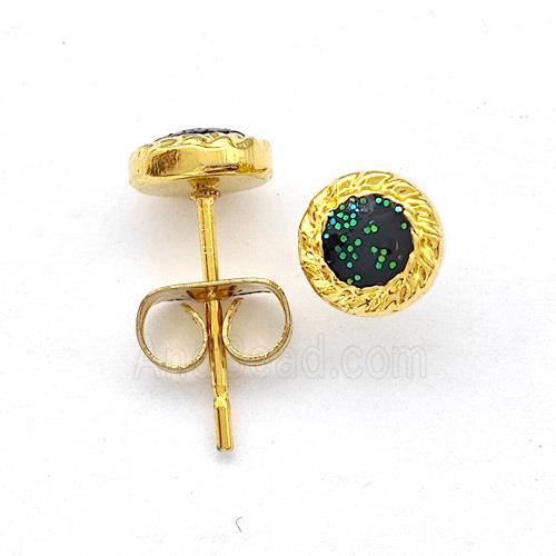 Stainless Steel Stud Earring Pave Black Fire Opal Gold Plated