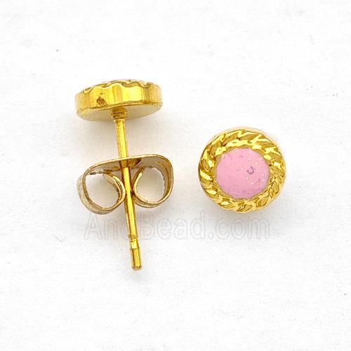 Stainless Steel Stud Earring Pave Pink Fire Opal Gold Plated