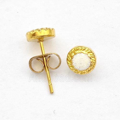 Stainless Steel Stud Earring Pave White Fire Opal Gold Plated