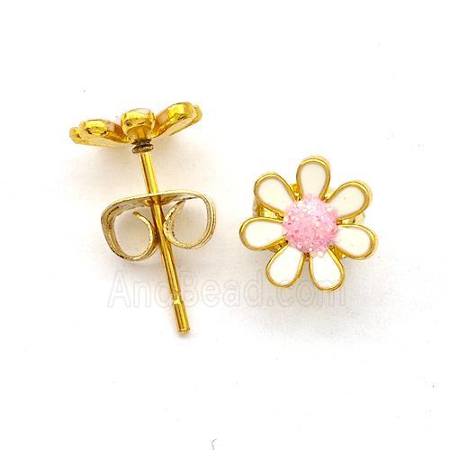 Stainless Steel Daisy Flower Stud Earring Pave Fire Opal White Enamel Gold Plated