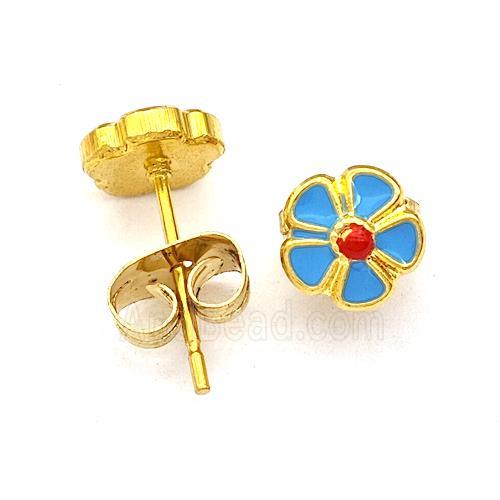 Stainless Steel Flower Stud Earring Blue Enamel Gold Plated