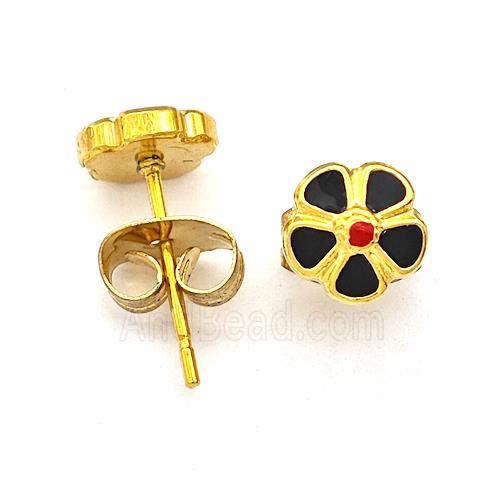 Stainless Steel Flower Stud Earring Black Enamel Gold Plated