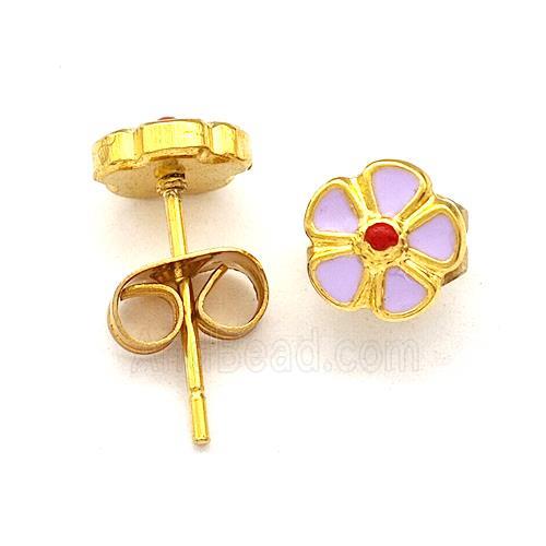 Stainless Steel Flower Stud Earring Lavender Enamel Gold Plated