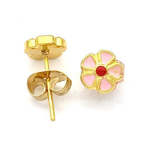 Stainless Steel Flower Stud Earring Pink Enamel Gold Plated
