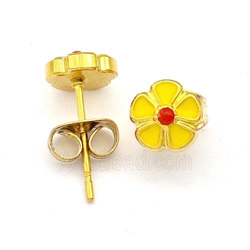 Stainless Steel Flower Stud Earring Yellow Enamel Gold Plated