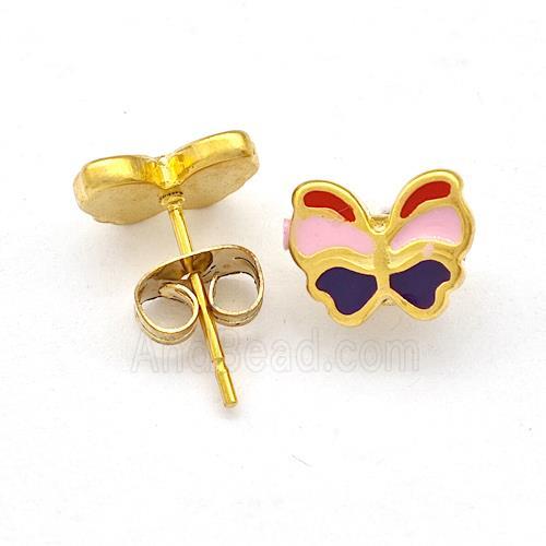 Stainless Steel Butterfly Stud Earring Multicolor Enamel Gold Plated