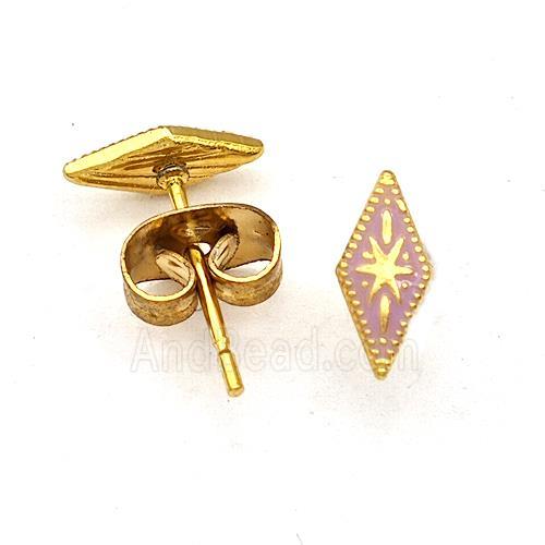 Stainless Steel Compass Stud Earring Lavender Enamel Gold Plated
