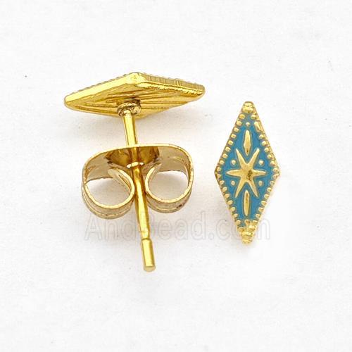 Stainless Steel Compass Stud Earring Green Enamel Gold Plated