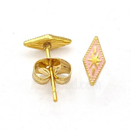 Stainless Steel Compass Stud Earring Pink Enamel Gold Plated