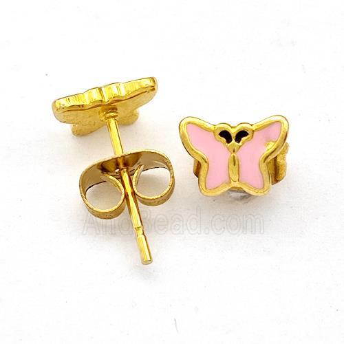 Stainless Steel Butterfly Stud Earring Pink Enamel Gold Plated