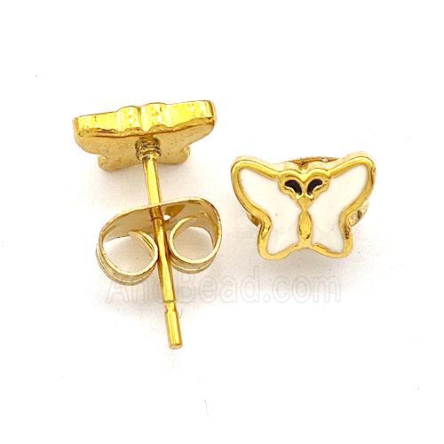 Stainless Steel Butterfly Stud Earring White Enamel Gold Plated