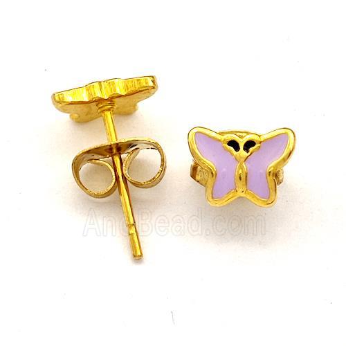 Stainless Steel Butterfly Stud Earring Lavender Enamel Gold Plated