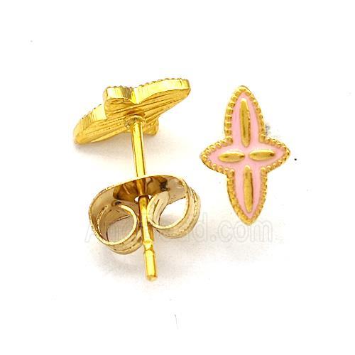 Stainless Steel Compass Stud Earring Pink Enamel Gold Plated