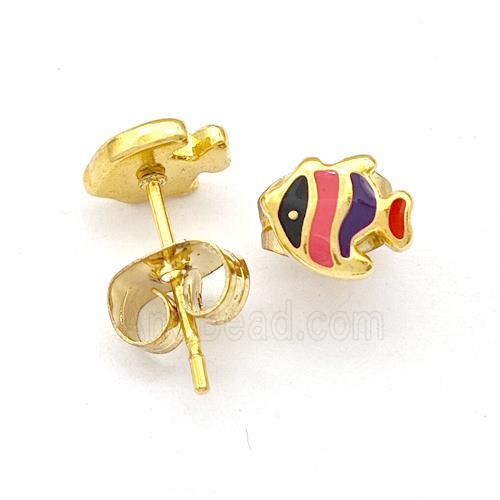 Stainless Steel Fish Stud Earring Multicolor Enamel Gold Plated