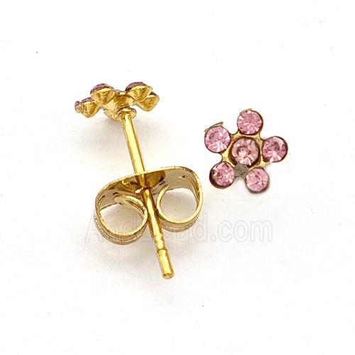 Stainless Steel Flower Stud Earring Pave Pink Rhinestone Gold Plated
