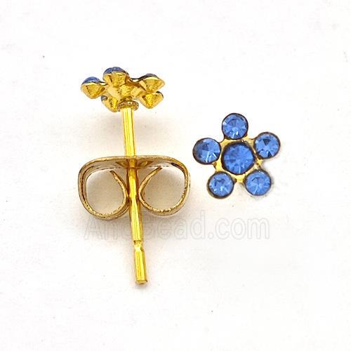 Stainless Steel Flower Stud Earring Pave Blue Rhinestone Gold Plated