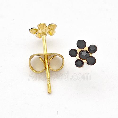 Stainless Steel Flower Stud Earring Pave Black Rhinestone Gold Plated