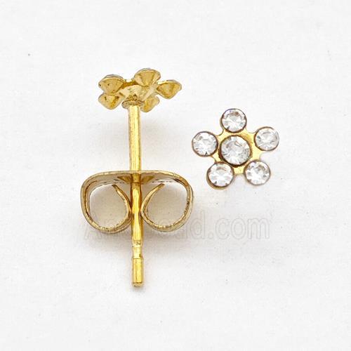 Stainless Steel Flower Stud Earring Pave Rhinestone Gold Plated
