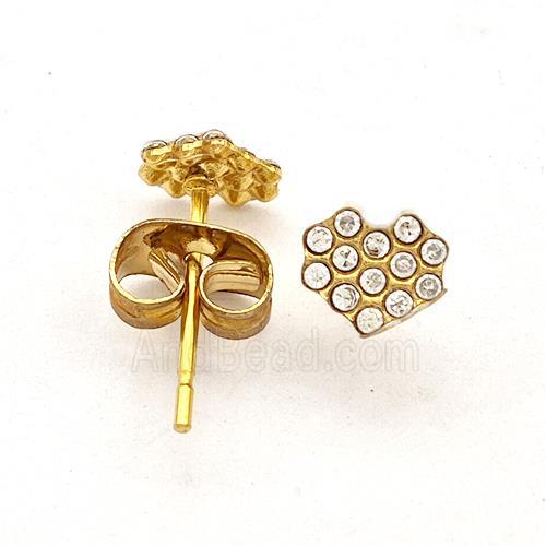 Stainless Steel Heart Stud Earring Pave Rhinestone Gold Plated
