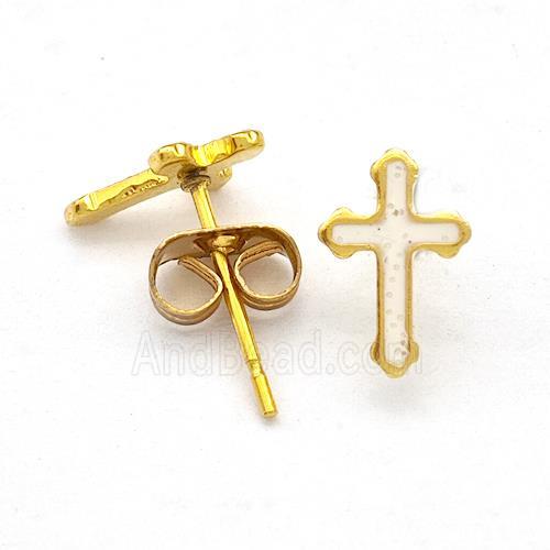 Stainless Steel Cross Stud Earring Pave Fire Opal Gold Plated