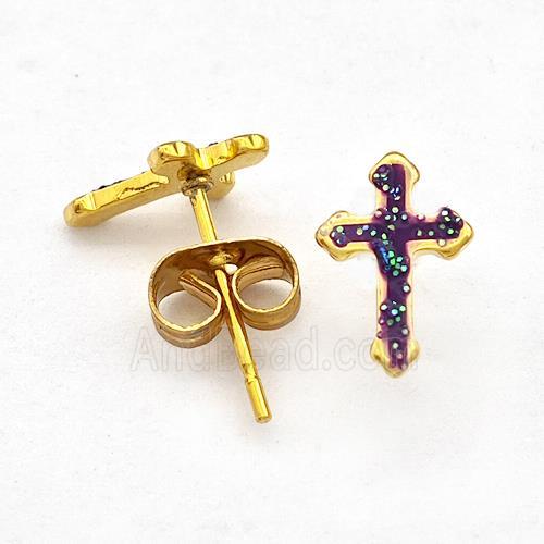 Stainless Steel Cross Stud Earring Pave Fire Opal Gold Plated