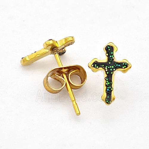 Stainless Steel Cross Stud Earring Pave Fire Opal Gold Plated