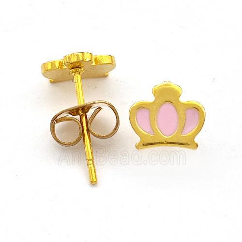 Stainless Steel Crown Stud Earring Pink Enamel Gold Plated