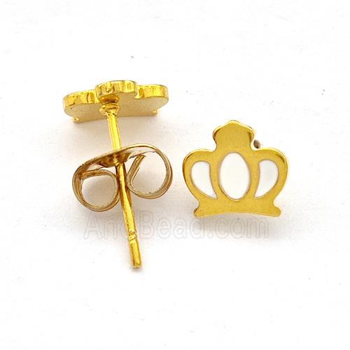 Stainless Steel Crown Stud Earring White Enamel Gold Plated