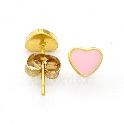 Stainless Steel Heart Stud Earring Pink Enamel Gold Plated