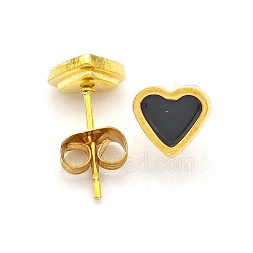 Stainless Steel Heart Stud Earring Black Enamel Gold Plated