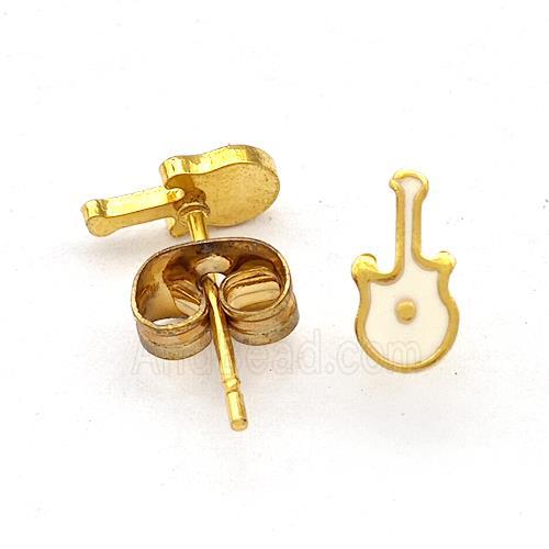 Stainless Steel Guitar Stud Earring White Enamel Gold Plated
