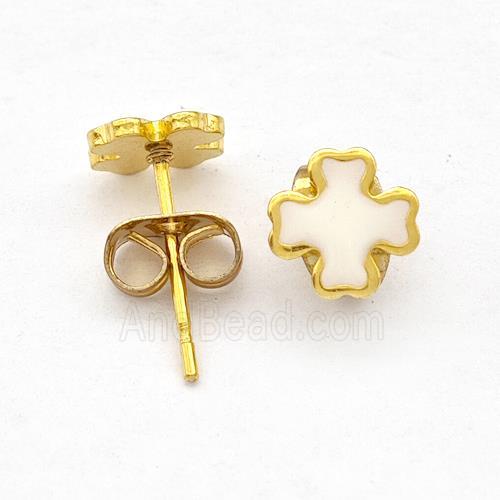 Stainless Steel Cross Stud Earring White Enamel Gold Plated
