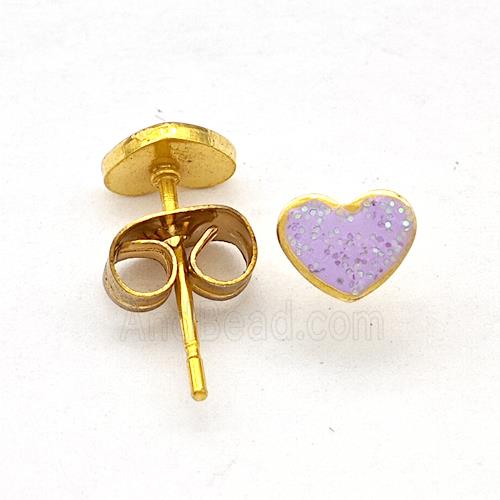 Stainless Steel Heart Stud Earring Pave Lavender Fire Opal Gold Plated