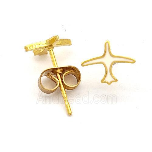 Stainless Steel Airplane Stud Earring White Enamel Gold Plated