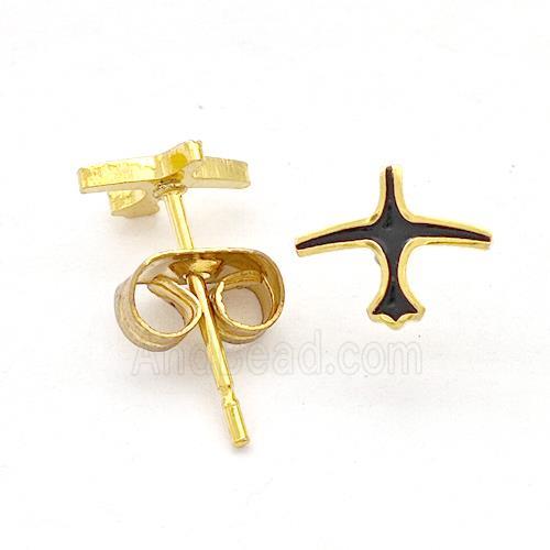 Stainless Steel Airplane Stud Earring Black Enamel Gold Plated