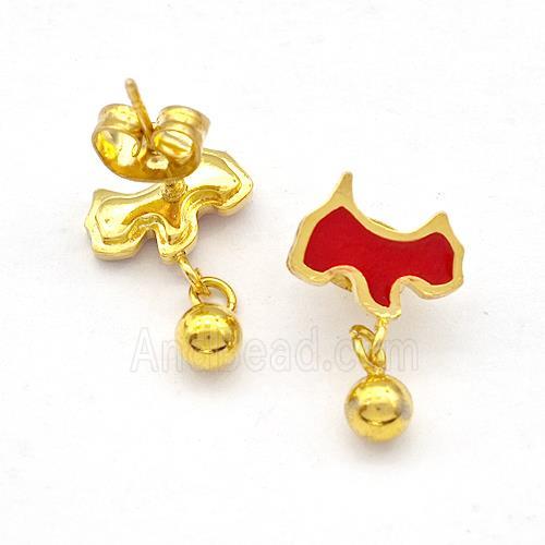 Stainless Steel Dog Stud Earring Red Enamel Gold Plated