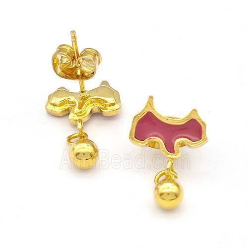 Stainless Steel Dog Stud Earring Red Enamel Gold Plated