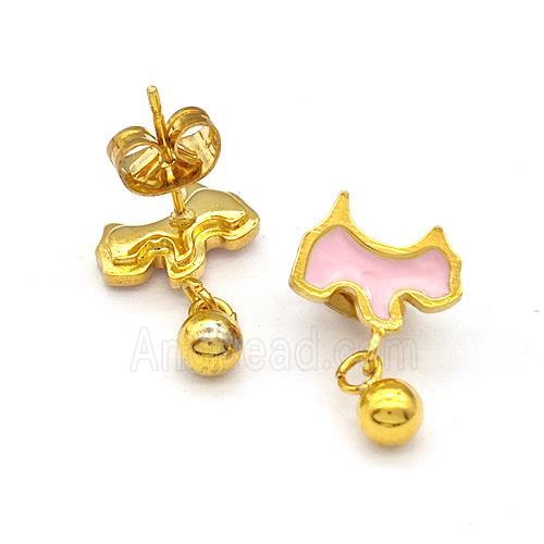 Stainless Steel Dog Stud Earring Pink Enamel Gold Plated