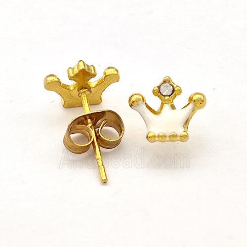 Stainless Steel Crown Stud Earring White Enamel Gold Plated