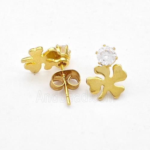 Stainless Steel Clover Stud Earring Pave Rhinestone Gold Plated
