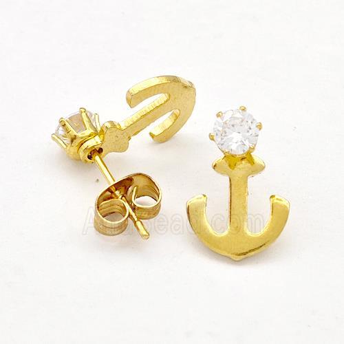 Stainless Steel Anchor Stud Earring Pave Rhinestone Gold Plated