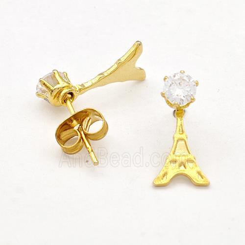 Stainless Steel Stud Earring Pave Rhinestone Eiffel Tower Gold Plated