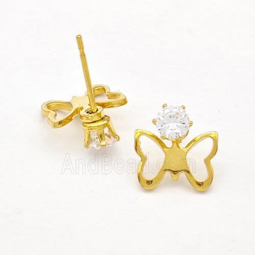 Stainless Steel Butterfly Stud Earring Pave Rhinestone Gold Plated