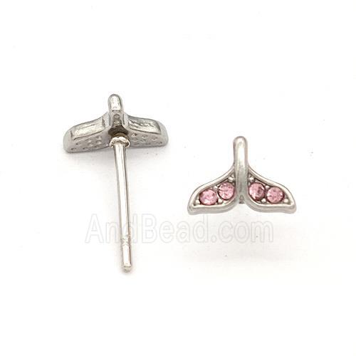 Raw Stainless Steel Stud Earring Pave Pink Rhinestone Shark-tail
