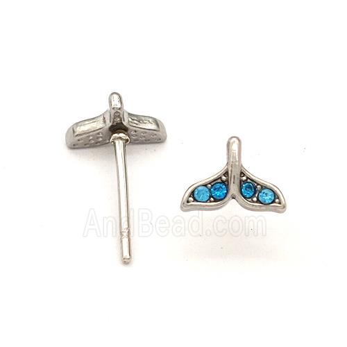 Raw Stainless Steel Stud Earring Pave Blue Rhinestone Shark-tail