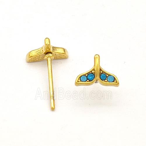 Stainless Steel Stud Earring Pave Blue Rhinestone Shark-tail Gold Plated