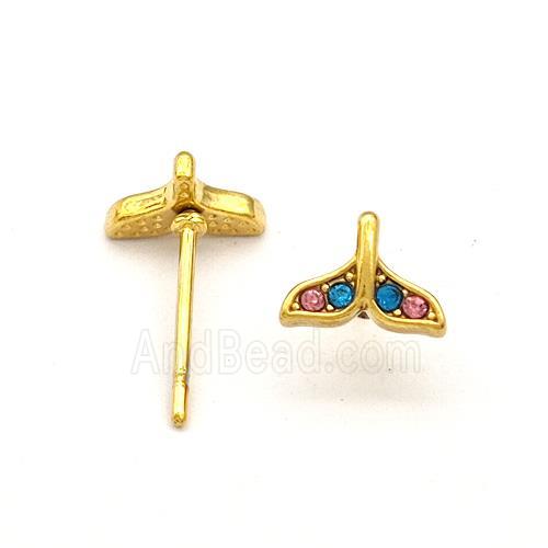 Stainless Steel Stud Earring Pave Rhinestone Shark-tail Gold Plated