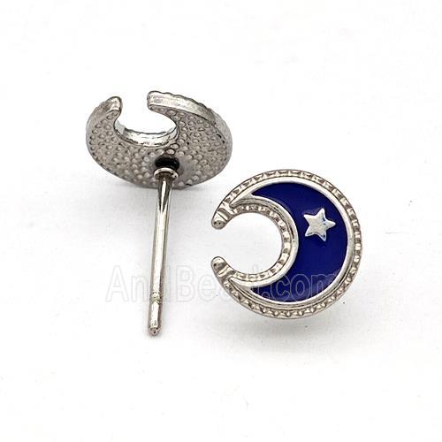 Raw Stainless Steel Moon Star Stud Earring Darkblue Enamel